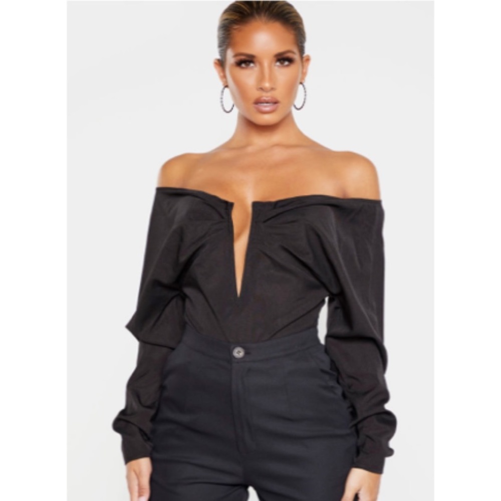 Black Woven V Wire Ruched Bardot Bodysuit